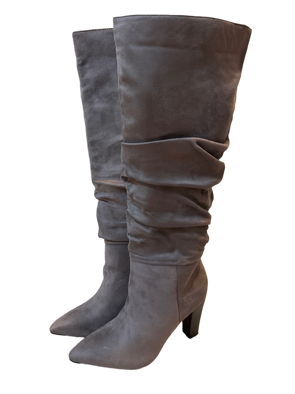Juliet Holy Women's Grey Faux-Suede Slouchy Knee-High Boots, Size 7